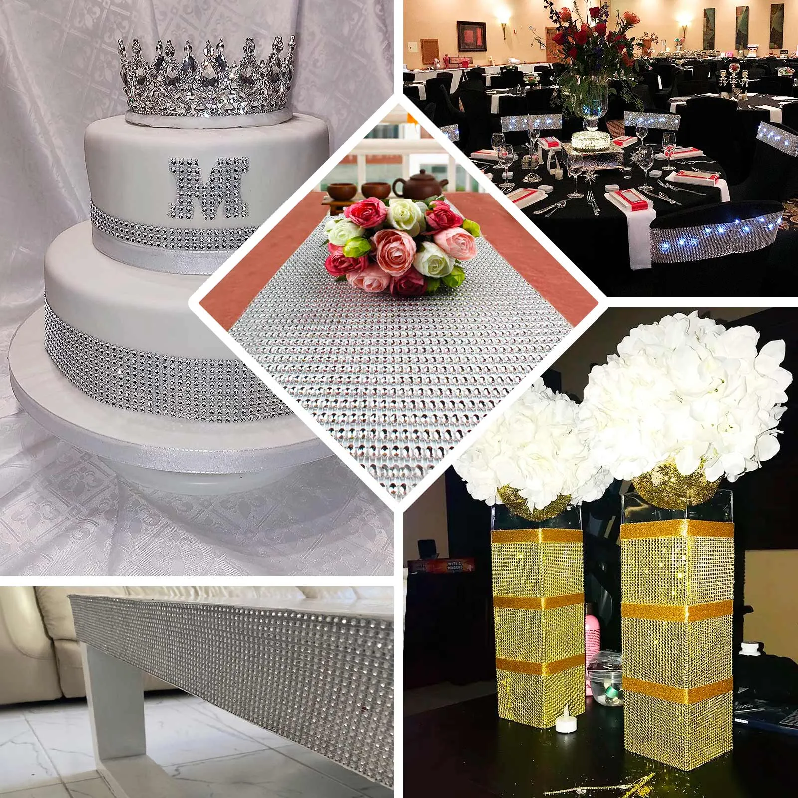 10"x108" Champagne Diamond Rhinestone Mesh Table Runner, Crystal Rhinestone Ribbon Bling Roll