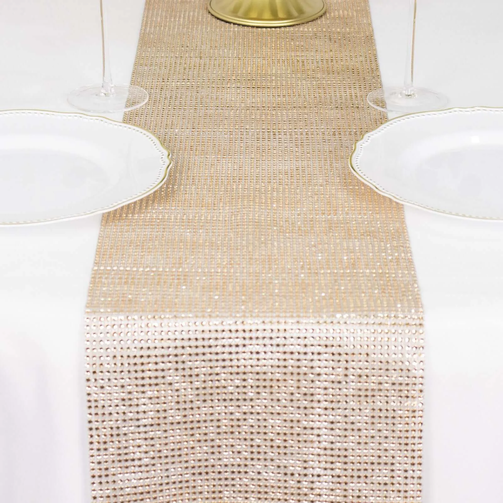 10"x108" Champagne Diamond Rhinestone Mesh Table Runner, Crystal Rhinestone Ribbon Bling Roll