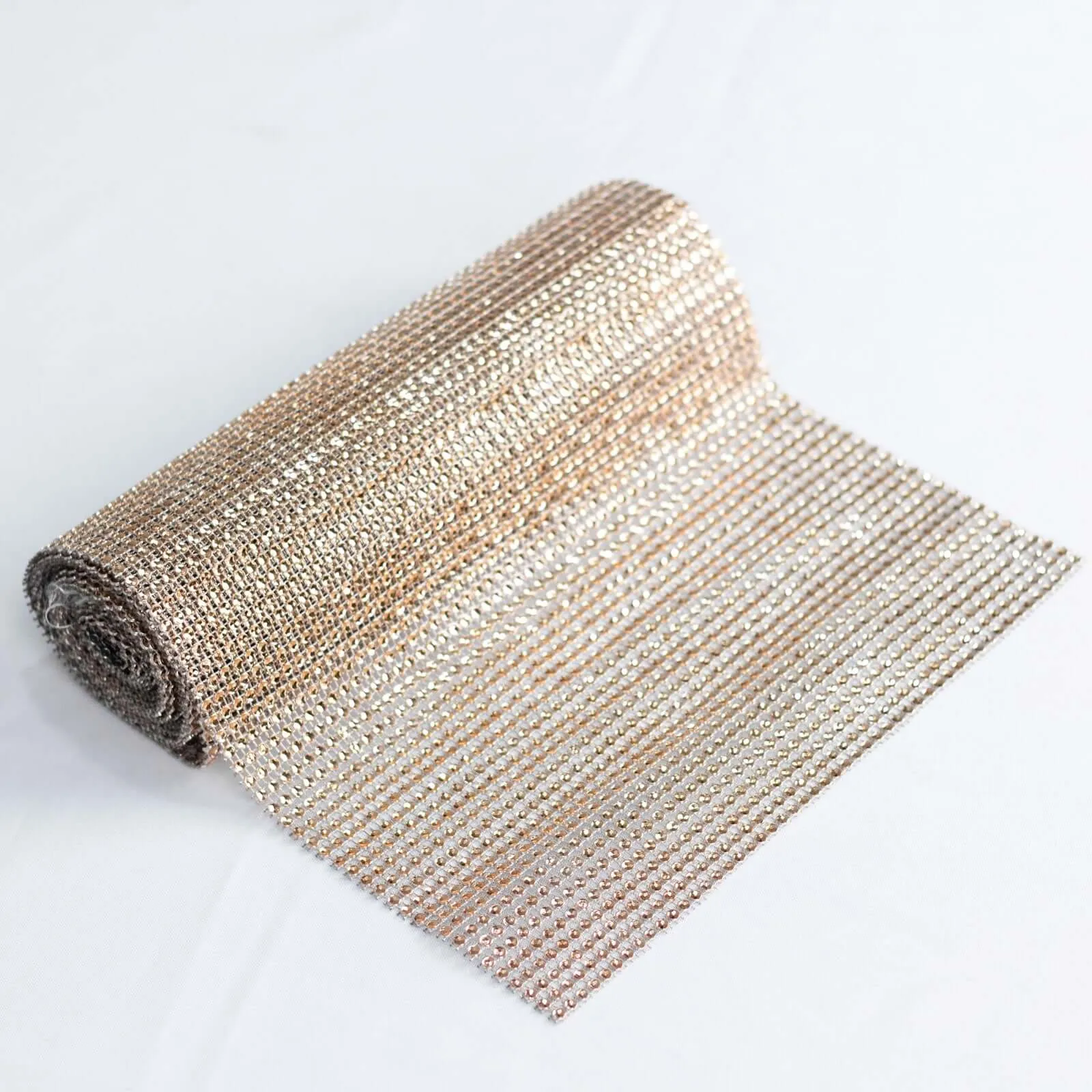10"x108" Champagne Diamond Rhinestone Mesh Table Runner, Crystal Rhinestone Ribbon Bling Roll