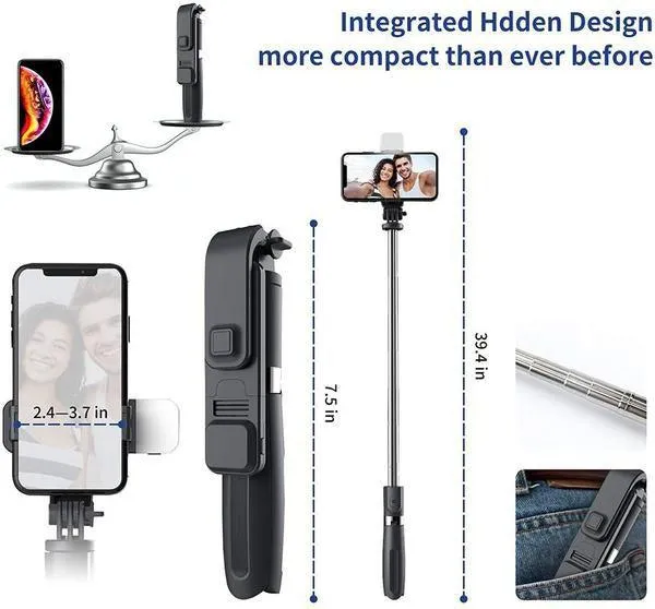2022 New Version Selfie Stick Tripod, 2 Styles (with led light or without light) Wireless Bluetooth Selfie Stick Retractable Mobile Phone Bracklet Tripod Stand with Remote Controller