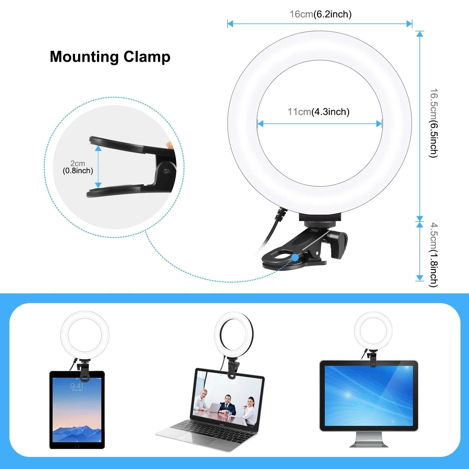6.2 Dual-Colour Ring Light | USB | 3 Modes | Monitor Clip | Black