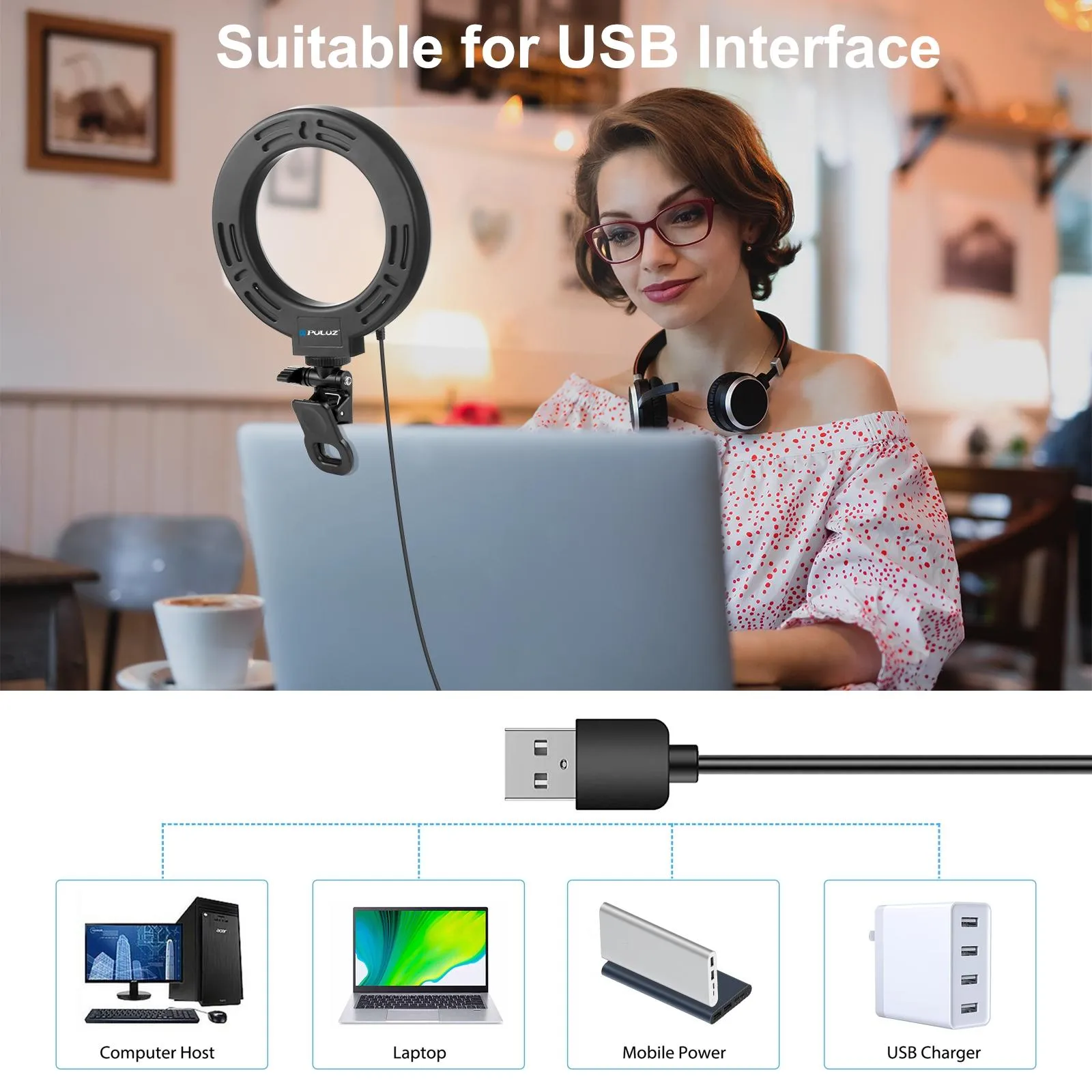 6.2 Dual-Colour Ring Light | USB | 3 Modes | Monitor Clip | Black