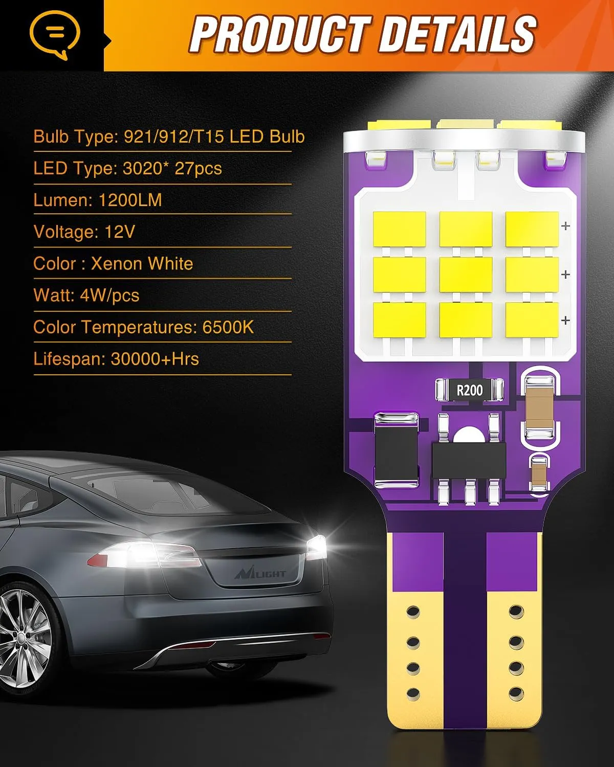 921 912 T15 906 922 W16W 3020 27SMD 6500K Xenon White LED Bulbs (Pairs)